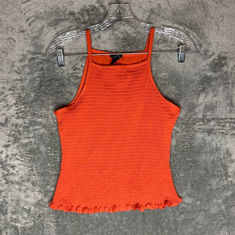 Rue21 Women Y2K 90s Smocked Cropped Ruffle Stretch Halter Tank Top Orange XL NWT
